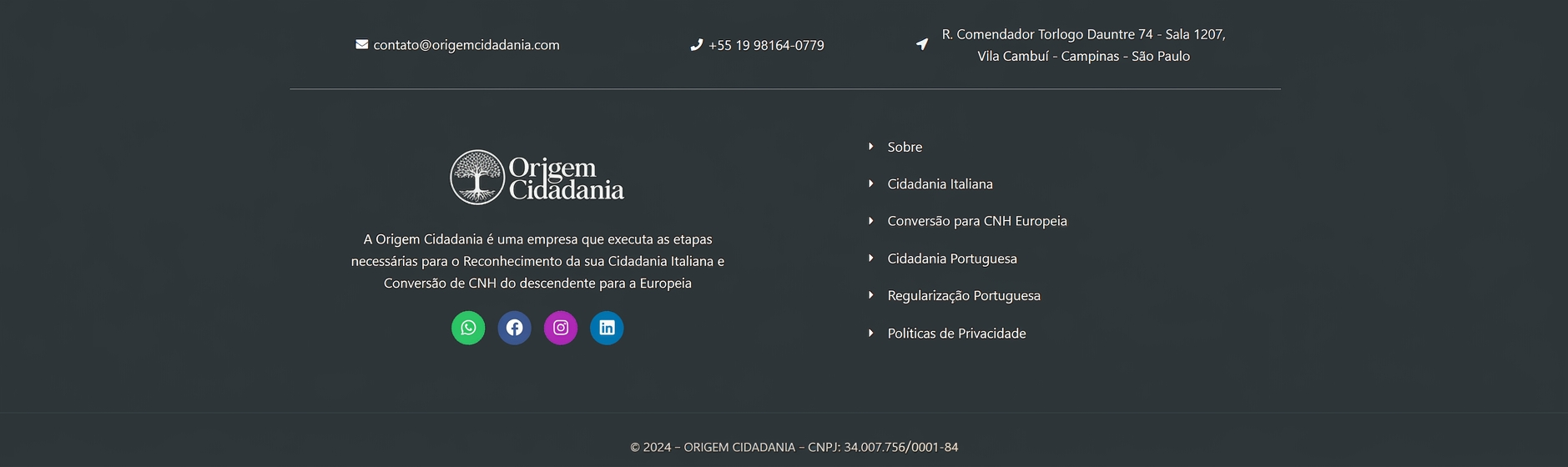 Rodapé com contatos, logo Origem Cidadania, redes sociais e links institucionais