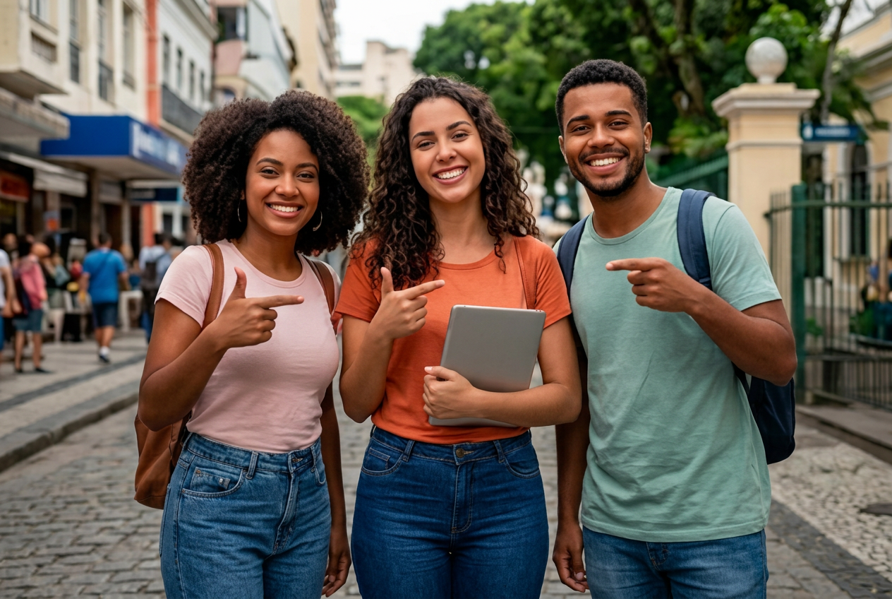 Três jovens sorrindo na rua, prontos para conquistar uma nova oportunidade